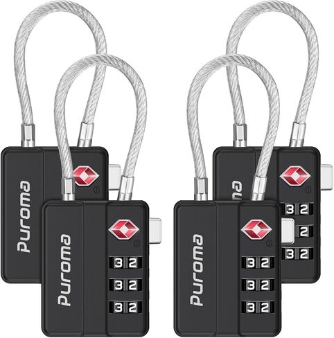 Puroma TSA Locks for Luggage, 4 Pack Cable Lightweight Luggage Locks TSA Approved 4-Digit Combination Padlock for Suitcases, Bags, Toolboxes, Backpacks & Gym Lockers (Black) in Kuwait