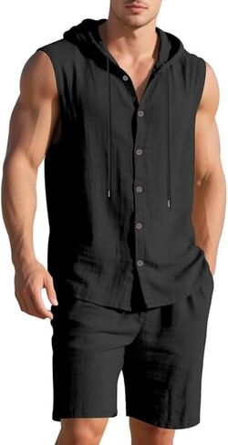 Mens Linen Sleeveless Hoodies Button Down Tank Shirt Summer Casual Beach Lightweight Hawaiian Fashion Tops in Kuwait