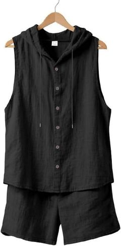 Mens Linen Sleeveless Hoodies Button Down Tank Shirt Summer Casual Beach Lightweight Hawaiian Fashion Tops in Kuwait