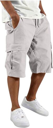 Men's Lightweight Long Cargo Shorts with Elastic Waist and Multi Pockets for Travel Hiking Camping Outdoor Activities in Kuwait