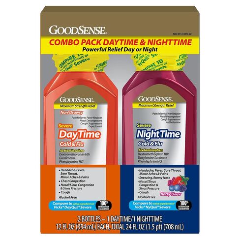 مجموعة GoodSense النهارية والليلية ذات القوة القصوى لتخفيف نزلات البرد والإنفلونزا؛ دواء البرد والأنفلونزا ليلاً ونهارًا، 12 أونصة سائلة لكل منهما in Kuwait