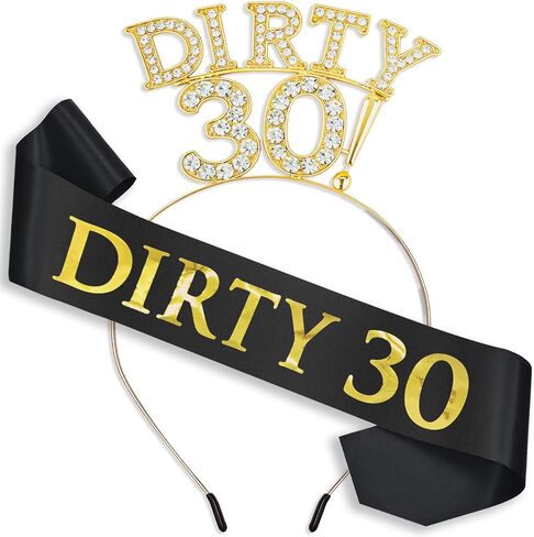 Dirty 30 Birthday Sash and Crown for Her – Gold Rhinestone 30th Birthday Crown & Black 30th Birthday Sash for Women | Dirty Thirty Accessory for Her Party Set in Saudi Arabia