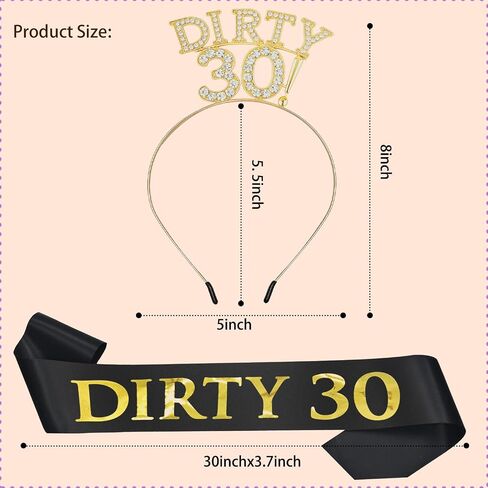 Dirty 30 Birthday Sash and Crown for Her – Gold Rhinestone 30th Birthday Crown & Black 30th Birthday Sash for Women | Dirty Thirty Accessory for Her Party Set in Saudi Arabia