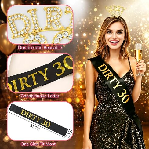 Dirty 30 Birthday Sash and Crown for Her – Gold Rhinestone 30th Birthday Crown & Black 30th Birthday Sash for Women | Dirty Thirty Accessory for Her Party Set in Saudi Arabia