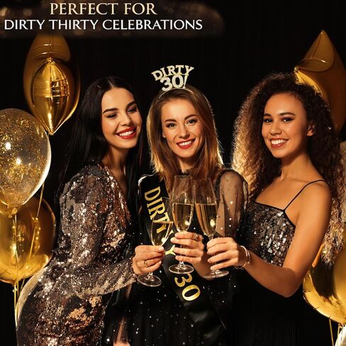 Dirty 30 Birthday Sash and Crown for Her – Gold Rhinestone 30th Birthday Crown & Black 30th Birthday Sash for Women | Dirty Thirty Accessory for Her Party Set in Saudi Arabia