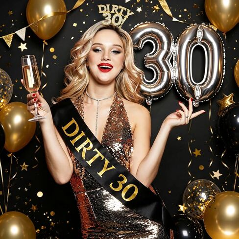 Dirty 30 Birthday Sash and Crown for Her – Gold Rhinestone 30th Birthday Crown & Black 30th Birthday Sash for Women | Dirty Thirty Accessory for Her Party Set in Saudi Arabia