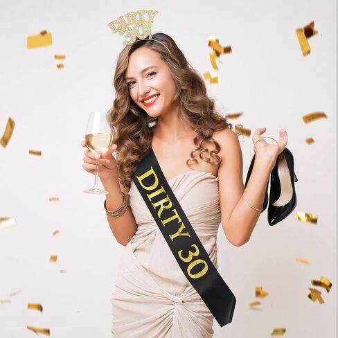 Dirty 30 Birthday Sash and Crown for Her – Gold Rhinestone 30th Birthday Crown & Black 30th Birthday Sash for Women | Dirty Thirty Accessory for Her Party Set in Saudi Arabia