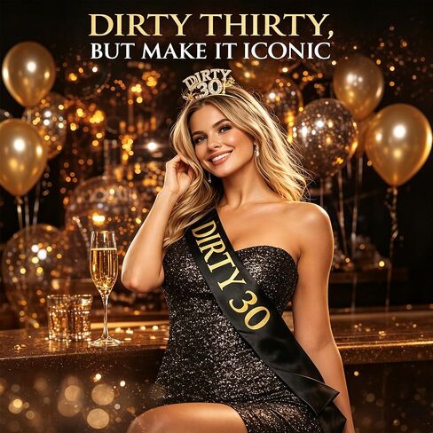 Dirty 30 Birthday Sash and Crown for Her – Gold Rhinestone 30th Birthday Crown & Black 30th Birthday Sash for Women | Dirty Thirty Accessory for Her Party Set in Saudi Arabia