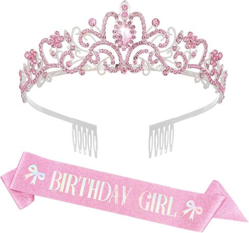 Pink Bow Birthday Party Decorations Pink Crown and Sash Set for Women Coquette Birthday Decorations Glitter Sash with Pink Bow Glitter Rhinestone Tiara for Party Decor in Saudi Arabia