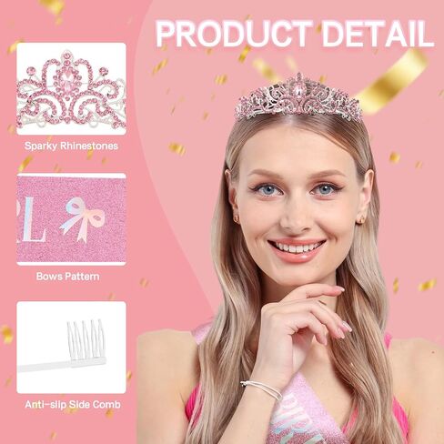 Pink Bow Birthday Party Decorations Pink Crown and Sash Set for Women Coquette Birthday Decorations Glitter Sash with Pink Bow Glitter Rhinestone Tiara for Party Decor in Saudi Arabia