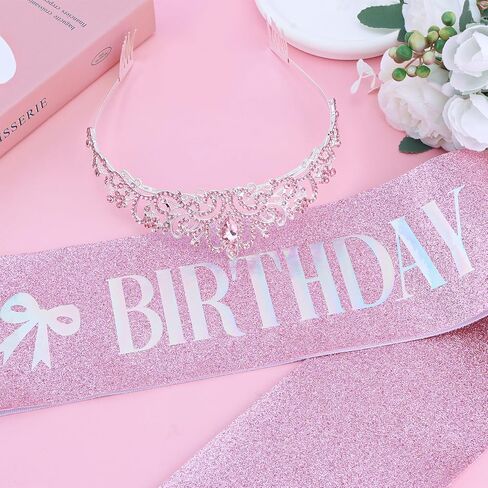 Pink Bow Birthday Party Decorations Pink Crown and Sash Set for Women Coquette Birthday Decorations Glitter Sash with Pink Bow Glitter Rhinestone Tiara for Party Decor in Saudi Arabia