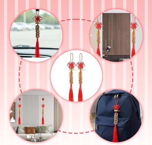 2 Feng Shui Wealth Pendants Traditional Chinese Knot Six Emperors Coins Red Tassels Chinese New Year Decoration Car Blessing Gifts Car Furniture Bags Home Office Supplies in Saudi Arabia
