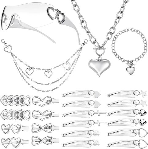 Tondiamo 24pcs Y2k Accessories Set Included Heart Y2k Silver Pendant Necklace Bracelet Y2k Sunglasses Silver Y2k Hair Clips Keychain Hip Hop Pants Chain Punk Vintage Jewelry Set for Women 2000s Party in Kuwait