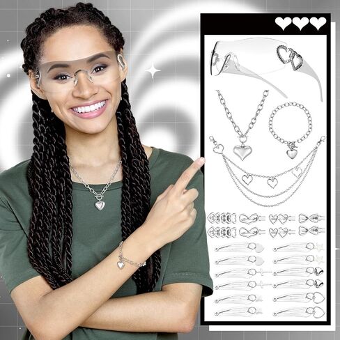 Tondiamo 24pcs Y2k Accessories Set Included Heart Y2k Silver Pendant Necklace Bracelet Y2k Sunglasses Silver Y2k Hair Clips Keychain Hip Hop Pants Chain Punk Vintage Jewelry Set for Women 2000s Party in Kuwait