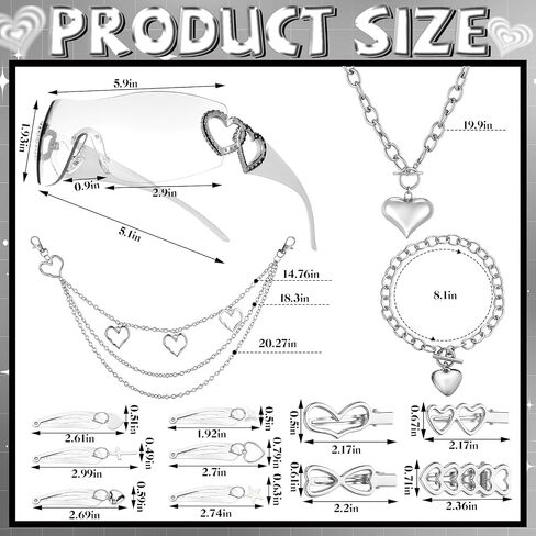 Tondiamo 24pcs Y2k Accessories Set Included Heart Y2k Silver Pendant Necklace Bracelet Y2k Sunglasses Silver Y2k Hair Clips Keychain Hip Hop Pants Chain Punk Vintage Jewelry Set for Women 2000s Party in Kuwait