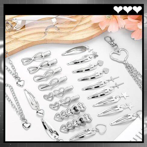 Tondiamo 24pcs Y2k Accessories Set Included Heart Y2k Silver Pendant Necklace Bracelet Y2k Sunglasses Silver Y2k Hair Clips Keychain Hip Hop Pants Chain Punk Vintage Jewelry Set for Women 2000s Party in Kuwait