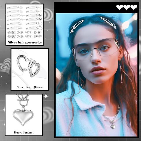 Tondiamo 24pcs Y2k Accessories Set Included Heart Y2k Silver Pendant Necklace Bracelet Y2k Sunglasses Silver Y2k Hair Clips Keychain Hip Hop Pants Chain Punk Vintage Jewelry Set for Women 2000s Party in Kuwait