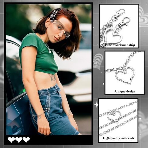 Tondiamo 24pcs Y2k Accessories Set Included Heart Y2k Silver Pendant Necklace Bracelet Y2k Sunglasses Silver Y2k Hair Clips Keychain Hip Hop Pants Chain Punk Vintage Jewelry Set for Women 2000s Party in Kuwait