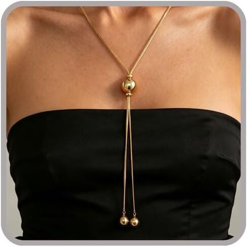 Adjustable Y-Shaped Ball Bead Lariat Necklace for Women Chunky Long Gold Necklace for Women Trendy Silver Statement Necklace Herringbone Snake Chain Tassel Drop Necklace Long Dainty Pull Slide Tie Necklace for Daily Party in Kuwait