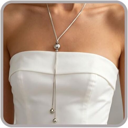 Adjustable Y-Shaped Ball Bead Lariat Necklace for Women Chunky Long Gold Necklace for Women Trendy Silver Statement Necklace Herringbone Snake Chain Tassel Drop Necklace Long Dainty Pull Slide Tie Necklace for Daily Party in Kuwait