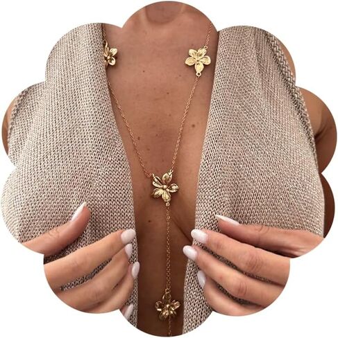 Layered Floral Pearl Necklace for Women Boho Colorful Flower Adjustable Y-necklace Trendy Summer Beach Party Jewelry in Kuwait