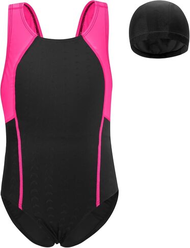 Girls Swimsuits with Cap Kids Athletic Quick Dry One-Piece Racerback Bathing Suits Summer Beach Sports Swimwear 5-12Y in Saudi Arabia