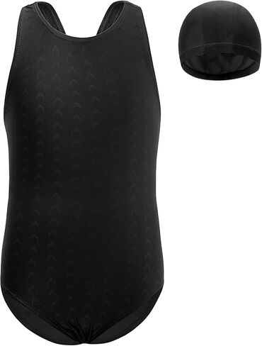 Girls Swimsuits with Cap Kids Athletic Quick Dry One-Piece Racerback Bathing Suits Summer Beach Sports Swimwear 5-12Y in Kuwait