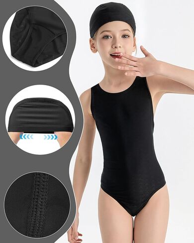 Girls Swimsuits with Cap Kids Athletic Quick Dry One-Piece Racerback Bathing Suits Summer Beach Sports Swimwear 5-12Y in Kuwait