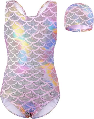 Girls Swimsuits with Cap Kids Athletic Quick Dry One-Piece Racerback Bathing Suits Summer Beach Sports Swimwear 5-12Y in Kuwait