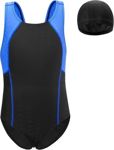 Girls Swimsuits with Cap Kids Athletic Quick Dry One-Piece Racerback Bathing Suits Summer Beach Sports Swimwear 5-12Y in Kuwait