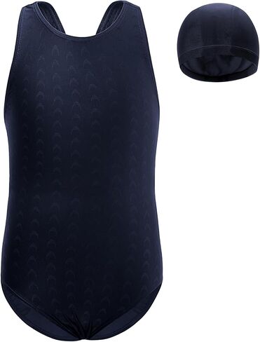 Girls Swimsuits with Cap Kids Athletic Quick Dry One-Piece Racerback Bathing Suits Summer Beach Sports Swimwear 5-12Y in Kuwait