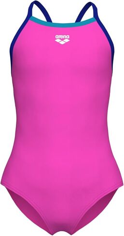 ARENA Feel Girls' Junior Solid Light Drop Back Swimsuit Thin Straps Chlorine Resistant Quick Drying Comfortable One Piece Bathing Suit, Shocking Pink/Neon Blue/Eyeblush Blue, US Size 5T/22 in Kuwait