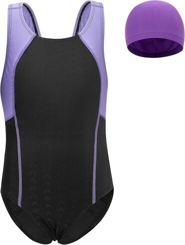Girls Swimsuits with Cap Kids Athletic Quick Dry One-Piece Racerback Bathing Suits Summer Beach Sports Swimwear 5-12Y in Kuwait