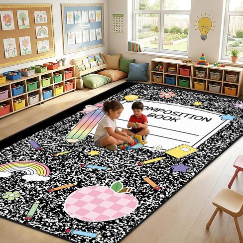 7.6x12 ft Large Composition Notebook Classroom Rug Black and White Educational Area Mat Composition Play Carpet Back to School Learning Mat for Preschool Nursery Kindergarten(Black White Notebook) in Saudi Arabia