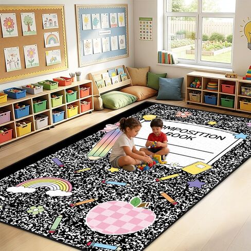 7.6x12 ft Large Composition Notebook Classroom Rug Black and White Educational Area Mat Composition Play Carpet Back to School Learning Mat for Preschool Nursery Kindergarten(Black White Notebook) in Saudi Arabia