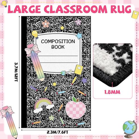 7.6x12 ft Large Composition Notebook Classroom Rug Black and White Educational Area Mat Composition Play Carpet Back to School Learning Mat for Preschool Nursery Kindergarten(Black White Notebook) in Saudi Arabia