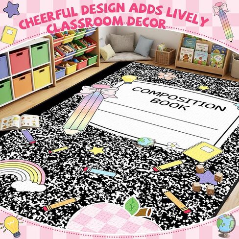 7.6x12 ft Large Composition Notebook Classroom Rug Black and White Educational Area Mat Composition Play Carpet Back to School Learning Mat for Preschool Nursery Kindergarten(Black White Notebook) in Saudi Arabia