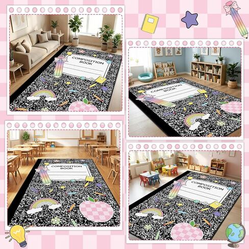 7.6x12 ft Large Composition Notebook Classroom Rug Black and White Educational Area Mat Composition Play Carpet Back to School Learning Mat for Preschool Nursery Kindergarten(Black White Notebook) in Saudi Arabia