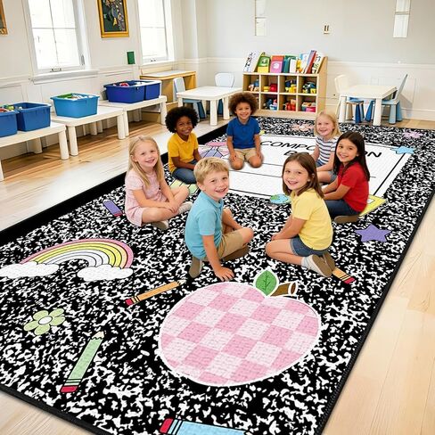 7.6x12 ft Large Composition Notebook Classroom Rug Black and White Educational Area Mat Composition Play Carpet Back to School Learning Mat for Preschool Nursery Kindergarten(Black White Notebook) in Saudi Arabia