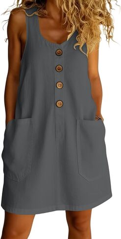 Women's Dresses Summer Lightweight Solid Color Flowy Beach Dress Sleeveless Button Front Mini Dress with Pockets in Saudi Arabia