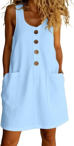 Women's Dresses Summer Lightweight Solid Color Flowy Beach Dress Sleeveless Button Front Mini Dress with Pockets in Saudi Arabia
