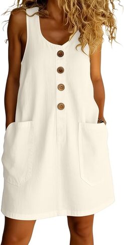 Women's Dresses Summer Lightweight Solid Color Flowy Beach Dress Sleeveless Button Front Mini Dress with Pockets in Saudi Arabia