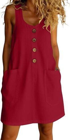 Women's Dresses Summer Lightweight Solid Color Flowy Beach Dress Sleeveless Button Front Mini Dress with Pockets in Saudi Arabia
