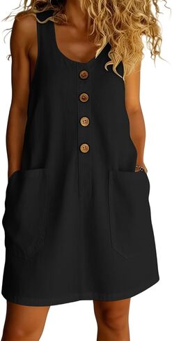 Women's Dresses Summer Lightweight Solid Color Flowy Beach Dress Sleeveless Button Front Mini Dress with Pockets in Saudi Arabia