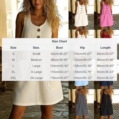Women's Dresses Summer Lightweight Solid Color Flowy Beach Dress Sleeveless Button Front Mini Dress with Pockets in Saudi Arabia