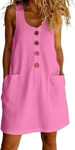 Women's Dresses Summer Lightweight Solid Color Flowy Beach Dress Sleeveless Button Front Mini Dress with Pockets in Saudi Arabia