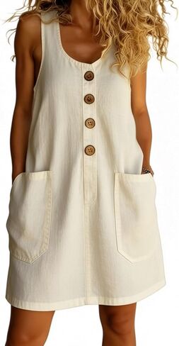 Women's Dresses Summer Lightweight Solid Color Flowy Beach Dress Sleeveless Button Front Mini Dress with Pockets in Saudi Arabia
