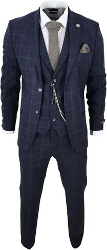 Men's 3 Piece Suit Wool Tweed Navy Blue Brown Check 1920s Gatsby Formal Dress Suits in Saudi Arabia