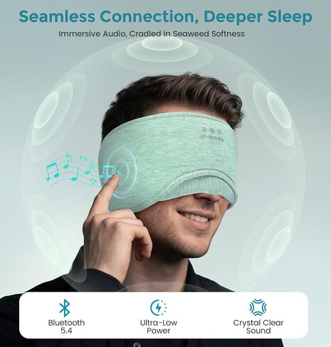 LC-dolida Sleep Masks with Bluetooth Headphones, Soft Seaweed Fiber Cotton Bluetooth Sleep Mask, Total Blackout Fully Wrapped Sleep Mask for Side Sleepers, Travel Meditation Gift, Green in Kuwait