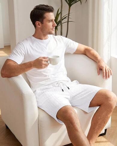 Mens Shorts Texture Elastic Waist Drawstring Lightweight Short Pants Casual Summer Beach Shorts with Pocket in Saudi Arabia